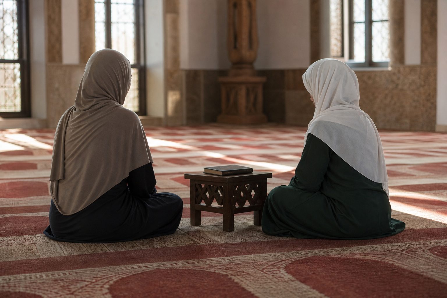 Two women in headscarves and long dresses sit on a red patterned mosque carpet, seen from behind, with a closed book on a small wooden table between them