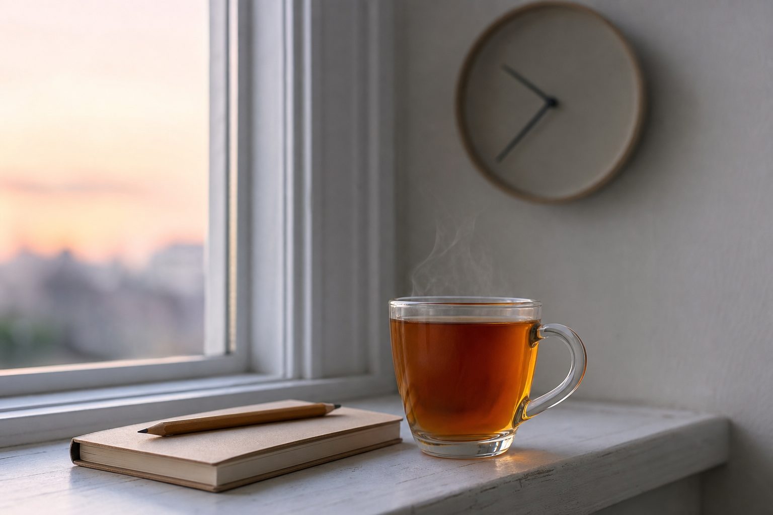 A glass cup of tea and a small notebook with a pencil on a white windowsill at dawn, with a plain round wall clock behind them
