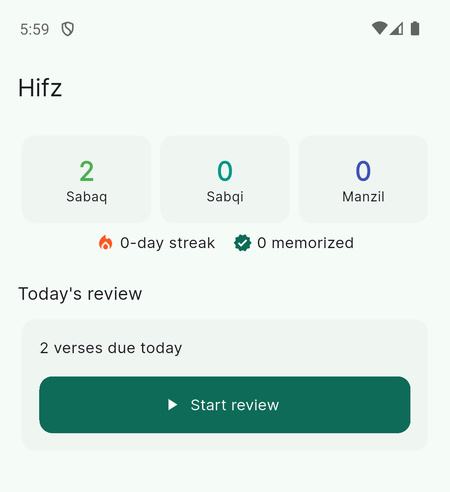 Rusukh's Hifz screen showing counts of 2 Sabaq, 0 Sabqi and 0 Manzil, a 0-day streak, 0 memorized, and a Today's review card reading 2 verses due today with a Start review button