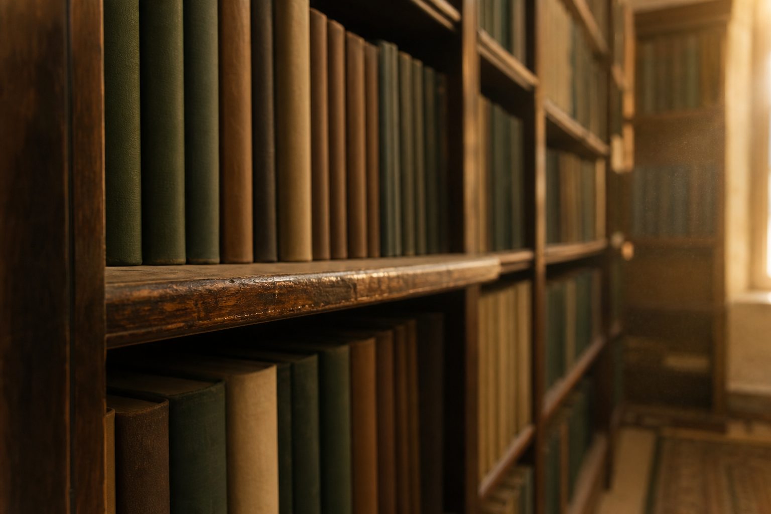 Tall wooden shelves of plain bound reference volumes in a small masjid library, their spines softly out of focus