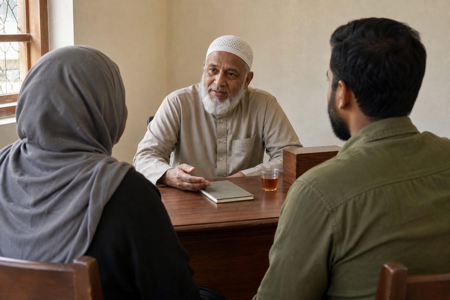 Two adults seen from behind, seated across a wooden desk from an older man with a white beard, white kufi and beige tunic who leans in attentively, one hand open on the desk