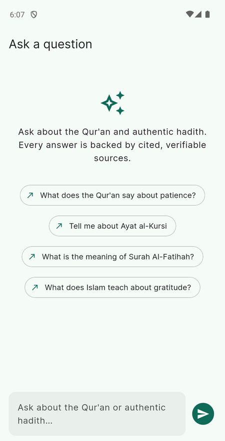 Rusukh's empty Ask screen with the heading Ask a question, four suggested questions about patience, Ayat al-Kursi, Surah Al-Fatihah and gratitude, and a question box at the bottom