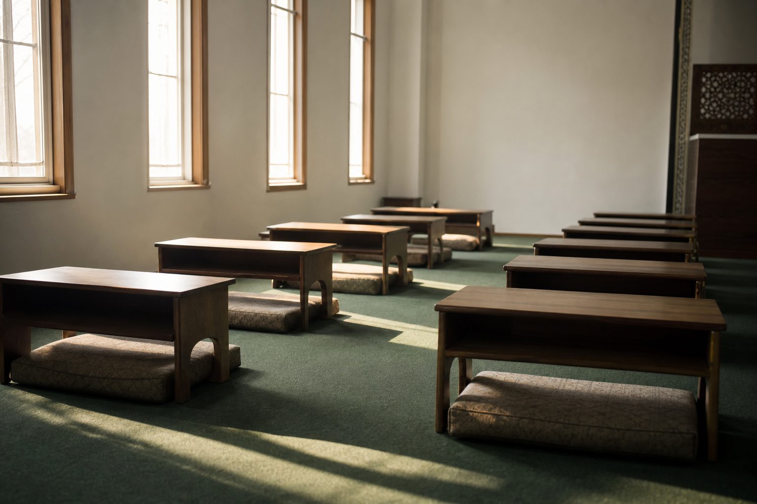 Two rows of empty low wooden study desks with floor cushions on a green carpet in a bright masjid classroom with tall windows