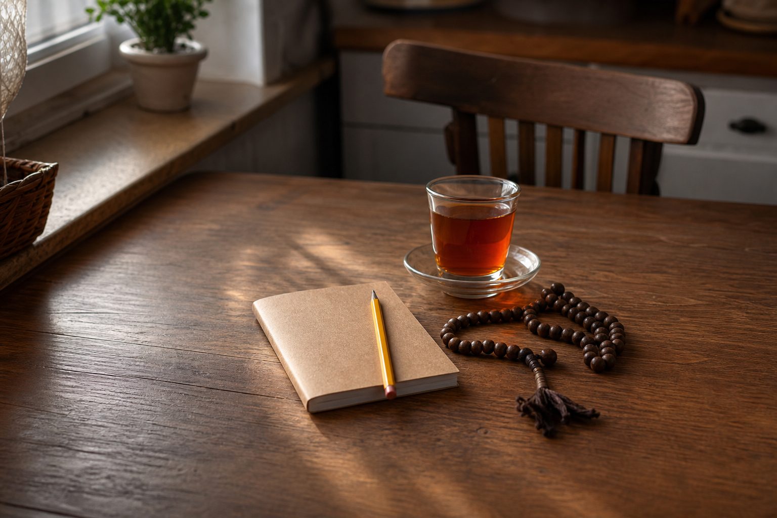 A closed kraft-paper notebook with a yellow pencil, a string of dark wooden prayer beads and a glass of tea on a wooden kitchen table in afternoon light